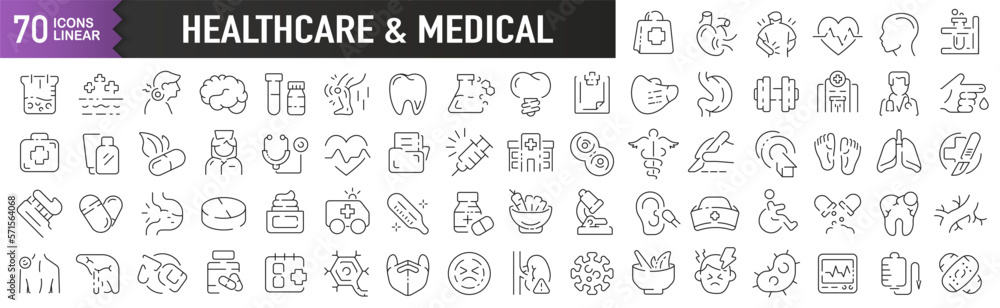 Healthcare and medical black linear icons. Collection of 70 icons in black. Big set of linear icons Healthcare and medical black linear icons. Collection of 70 icons in black. Big set of linear icons