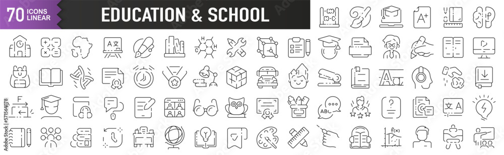 Education and school black linear icons. Collection of 70 icons in black. Big set of linear icons Education and school black linear icons. Collection of 70 icons in black. Big set of linear icons