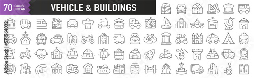 Vehicle and buildings black linear icons. Collection of 70 icons in black. Big set of linear icons