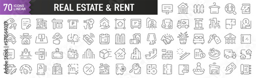 Real estate and rent black linear icons. Collection of 70 icons in black. Big set of linear icons