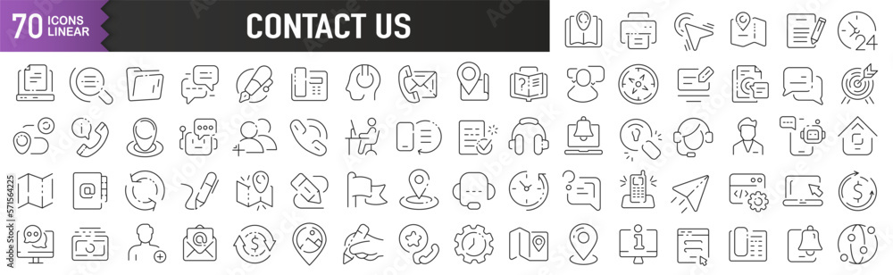 Contact us black linear icons. Collection of 70 icons in black. Big set of linear icons Contact us black linear icons. Collection of 70 icons in black. Big set of linear icons