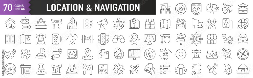 Location and navigation black linear icons. Collection of 70 icons in black. Big set of linear icons Location and navigation black linear icons. Collection of 70 icons in black. Big set of linear icons