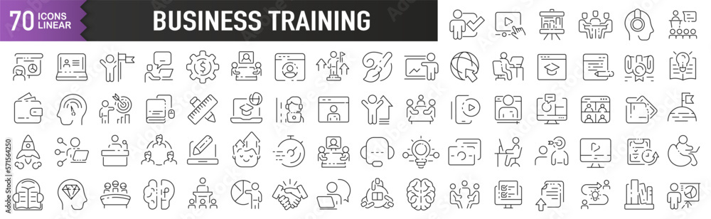 Business training black linear icons. Collection of 70 icons in black. Big set of linear icons