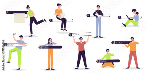 Search bars and people browsing online information, surfing internet. Personalised search results, SEO optimisation and search bar with finders characters vector set