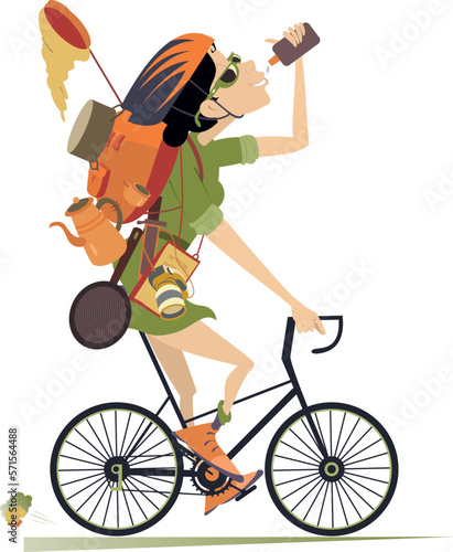 Cycling traveler woman illustration. 
Cycling tourist woman with tourist equipment on the back drinks water. Isolated on white background
