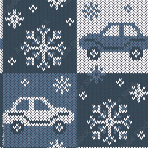 Car knitted seamless pattern. Crochet blanket. Christmas winter blue jeans color background. Vector illustration