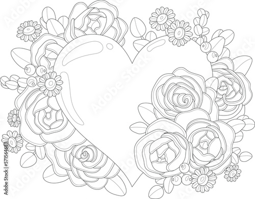 Realistic rose flower mix bouquet with heart graphic sketch template. Vector illustration in black and white for games, background, pattern, decor. Coloring paper, page, story book. Print for fabrics 