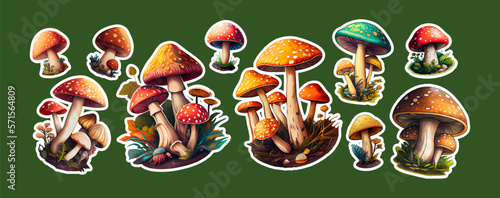 Big bundle of stickers with mushrooms. AI. Vector collection sticker of mushrooms on green isolated background.