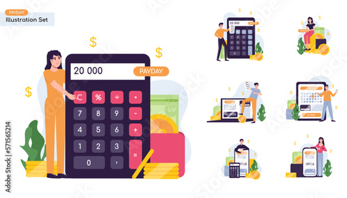 Payment date or payday illustration collection set. Paycheck happy day, employees rejoice, calendar date, loans repayment and debts. People study the financial report, audit