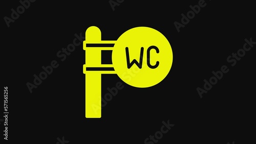 Yellow Toilet icon isolated on black background. WC sign. Washroom. 4K Video motion graphic animation