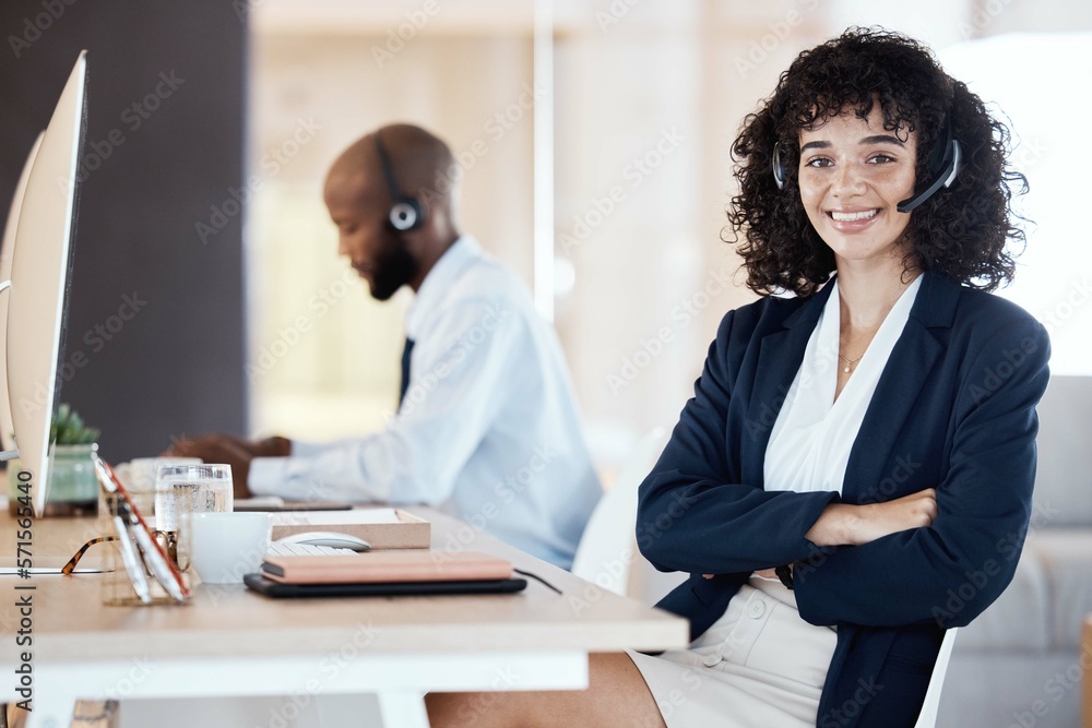Crm portrait, call center and black woman by a lead generation computer on a office call. Customer service, web support and contact us employee with a smile from online consulting job and career Crm portrait, call center and black woman by a lead generation computer on a office call. Customer service, web support and contact us employee with a smile from online consulting job and career