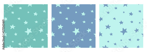 Three different colors star pattern in doodle style endless seamless pattern. Green, blue, dark blue color simple hand drawn vector illustration.