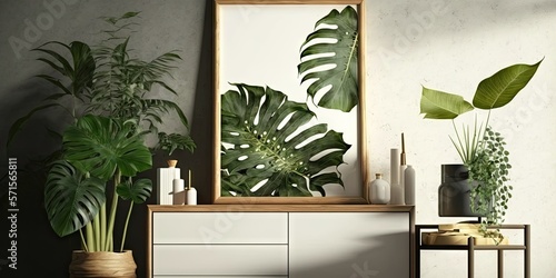 Stylish interior of living room with mock up poster frame  wooden commode  book  tropical leaf in ceramic vase and elegant personal accessories. Minimalist concept of home decor. Template. Generative