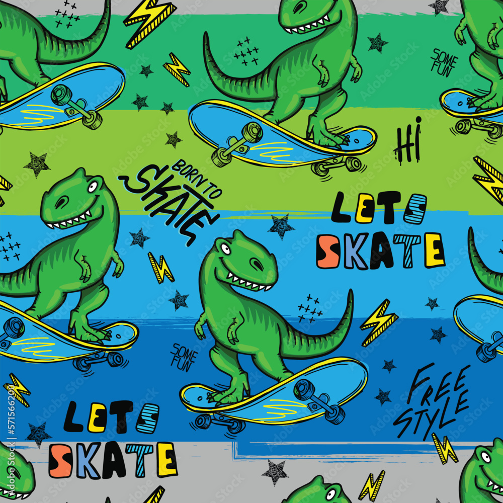 Bright cool seamless pattern with dinosaur on a skateboard. graffiti background with t rex.For textile, kids wear, fabric and more
