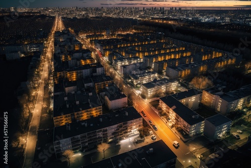 Aubervilliers / France - Mars 2020: Paris suburb (Seine-Saint-Denis district) at night (sunset in the background), drone aerial view from left to right, AI generated