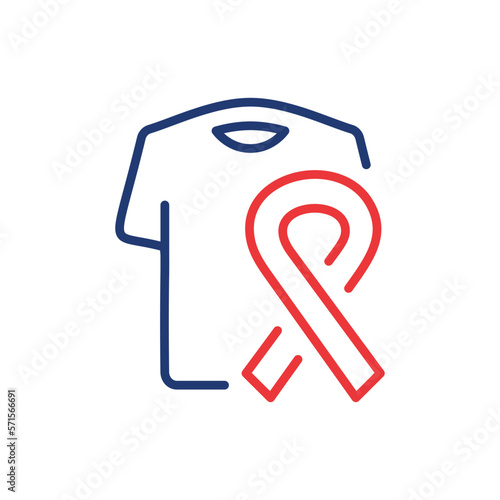 Clothing Help for Patients Cancer, Aids, Hiv Line Icon. T-shirt with Ribbon Support Cancer Patient Linear Pictogram. Clothes Donation Outline Icon. Editable Stroke. Isolated Vector Illustration