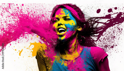 Holi Festival of Colors. Portrait of happy indian female with Holi color splashing, Generative ai