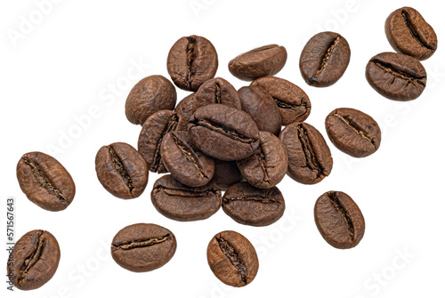 Coffee beans isolated on white, top view, full depth of field