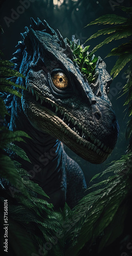 Dinosaur portrait in the jungle. Generative AI.