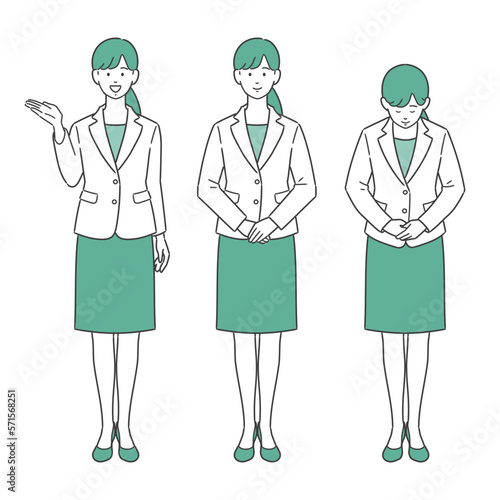 立ち姿で案内・紹介・説明する働く女性の全身イラストセット