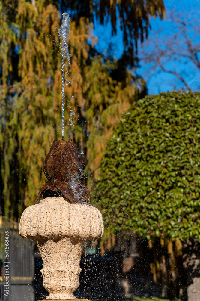 Medieval working fountain in the Retiro park in Madrid during the sunny day. Medieval working fountain in the Retiro park in Madrid during the sunny day.
