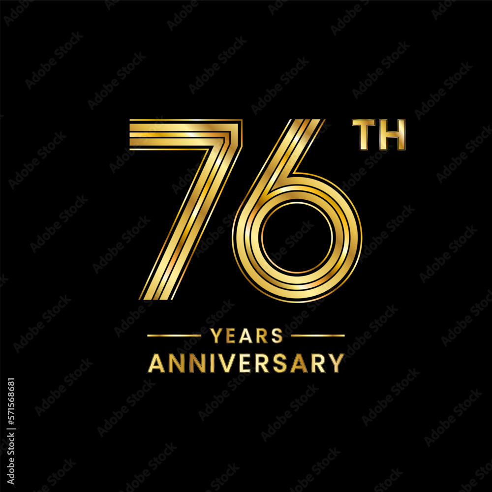76th Anniversary logo design with golden numbers and text for anniversary celebration event, invitation, wedding, marriage, greeting card, banner, poster, flyer, brochure. Logo Vector Template 76th Anniversary logo design with golden numbers and text for anniversary celebration event, invitation, wedding, marriage, greeting card, banner, poster, flyer, brochure. Logo Vector Template