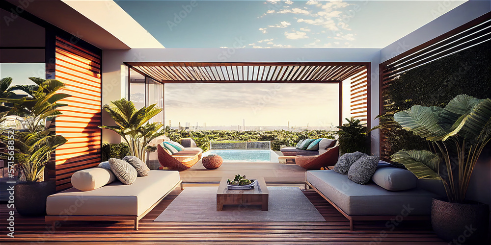 Impressive luxury penthouse terrace with a swimming pool overlooking Miami, generative AI - obrazy, fototapety, plakaty 