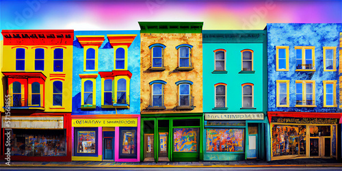 Quaint commercial street with multicolored shop fronts, generative AI