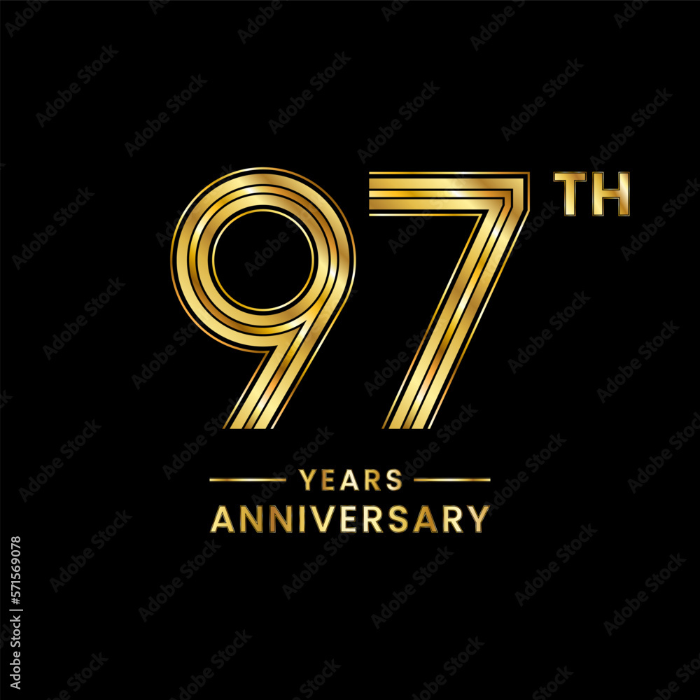 97th Anniversary logo design with golden numbers and text for anniversary celebration event, invitation, wedding, marriage, greeting card, banner, poster, flyer, brochure. Logo Vector Template 97th Anniversary logo design with golden numbers and text for anniversary celebration event, invitation, wedding, marriage, greeting card, banner, poster, flyer, brochure. Logo Vector Template