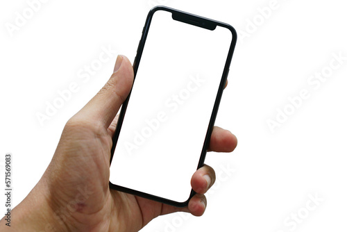 Hand holding black iPhone on white background. Mobile phone isolated for app, web design, logo, wireframes... Smarphone on PNG file transparent