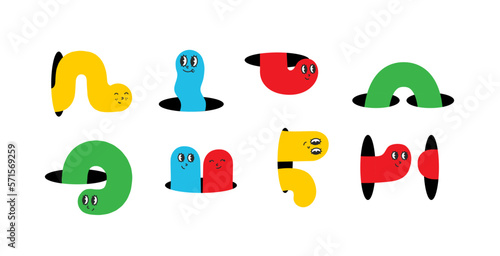 Geometric cute color worms coming, flying, jumping, looking through and out of holes. Happy enthusiastic lively characters. Search, explore concept. Graphic vector illustration