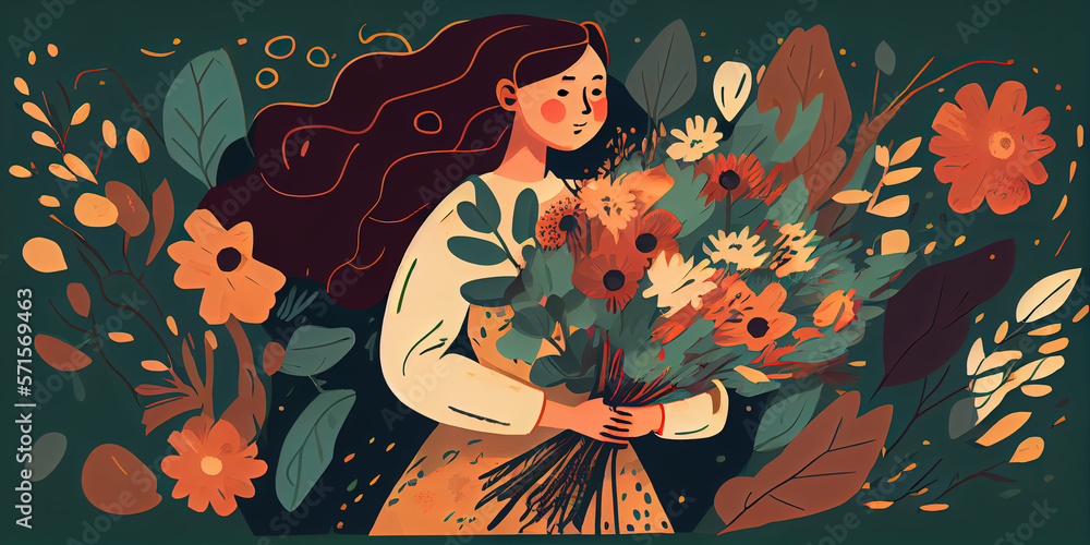 illustration of a woman holding a bouquet of flowers in dark green background. Generative AI illustration of a woman holding a bouquet of flowers in dark green background. Generative AI