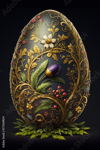 Easter egg painted and decorated with a floral design, displayed on a dark background. Easter festivity, Generative AI. 