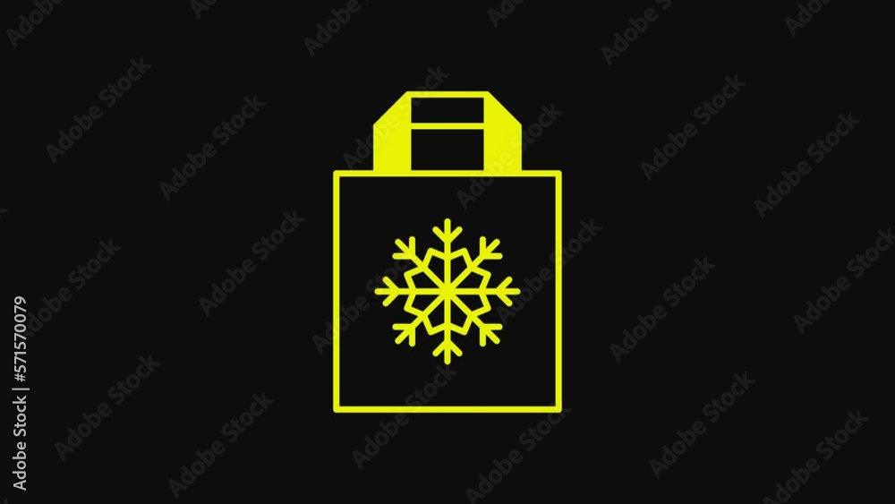 Yellow Christmas paper shopping bag with snowflake icon isolated on black background. Package sign. Merry Christmas and Happy New Year. 4K Video motion graphic animation Yellow Christmas paper shopping bag with snowflake icon isolated on black background. Package sign. Merry Christmas and Happy New Year. 4K Video motion graphic animation