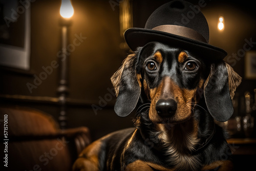 A Dachshund dog is a dapper gangster with hat at a vintage office, generative ai
