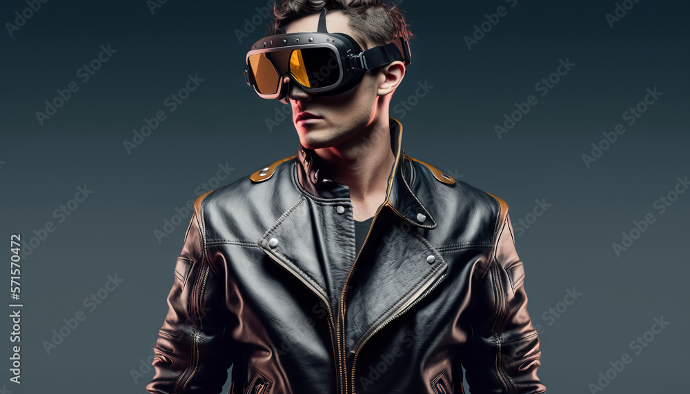 Handsome young man in leather jacket and goggles. Studio shot. Generative AI Handsome young man in leather jacket and goggles. Studio shot. Generative AI