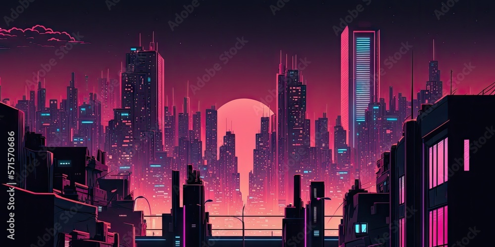 broad picture of the modern, neon lit city at night. neon cityscape of