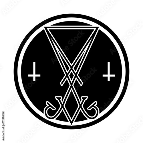 Sigil of Lucifer icon, sticker or t-shirt print design illustration in Gothic style. Sigil of Lucifer in circle, vector isolated on white background. 