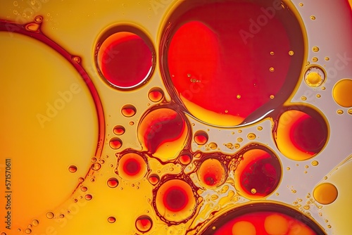 Macro abstraction, red and yellow circles and ovals, lovely color abstract background, mixing water and oil. Generative AI