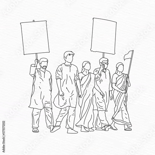 21 February 1952 International Mother Language Day. Bengali people on language movement strike on road with placard line art illustration. Shohid Dibosh poster 