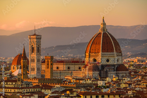 The Florence Cathedral - Santa Maria del Fiore in an orange sunset.