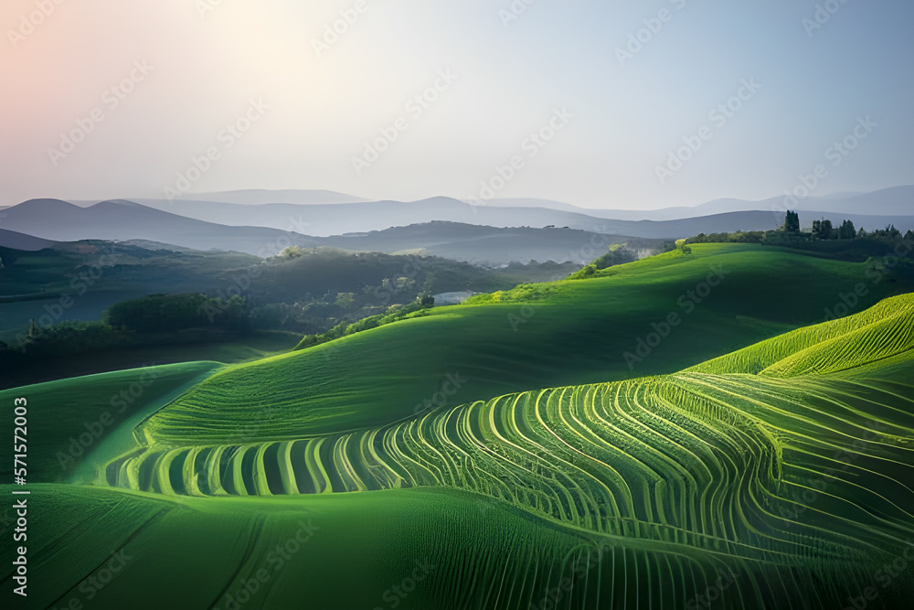 typical lovely tuscan hilly vineyard landscape with misty background created with generative AI