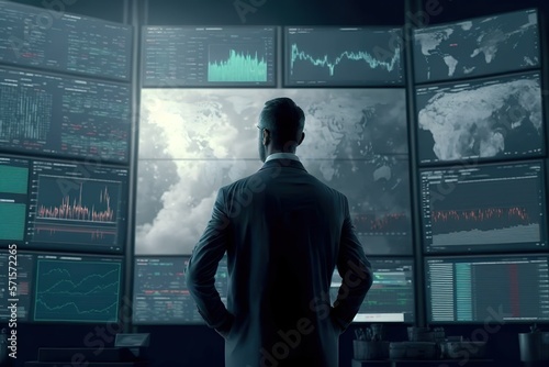 Dark control room with many screens as a trading setup with charts on the screens. Stock exchange trading screens, professional traders workstation