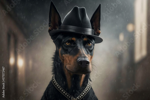 A Doberman Pinscher dog is a fearless gangster, with hat and collar against a misty street background, generative ai © art4all
