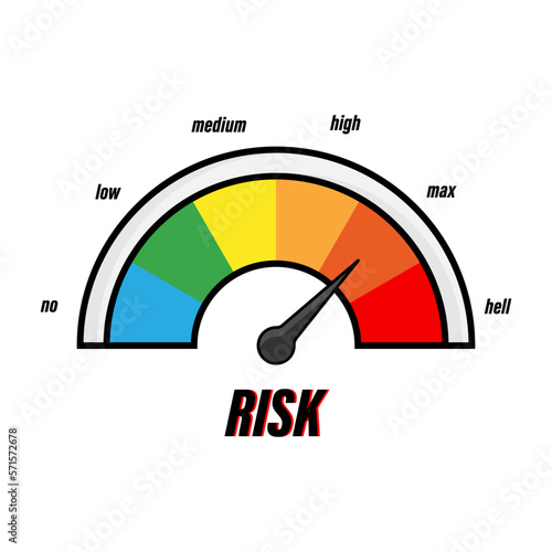 High risk. Risk point on the scale. Risk level on the speedometer. Dangerous situation. Vector illustration