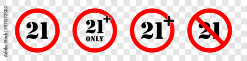 21 plus only. Under twenty one not allowed sign. Content is restricted for kids. Censored. Twenty one years plus only. Vector set