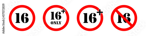 Sixteen plus only. Under 16 are not allowed. Restricted for kids. Censored concept. Vector icon set