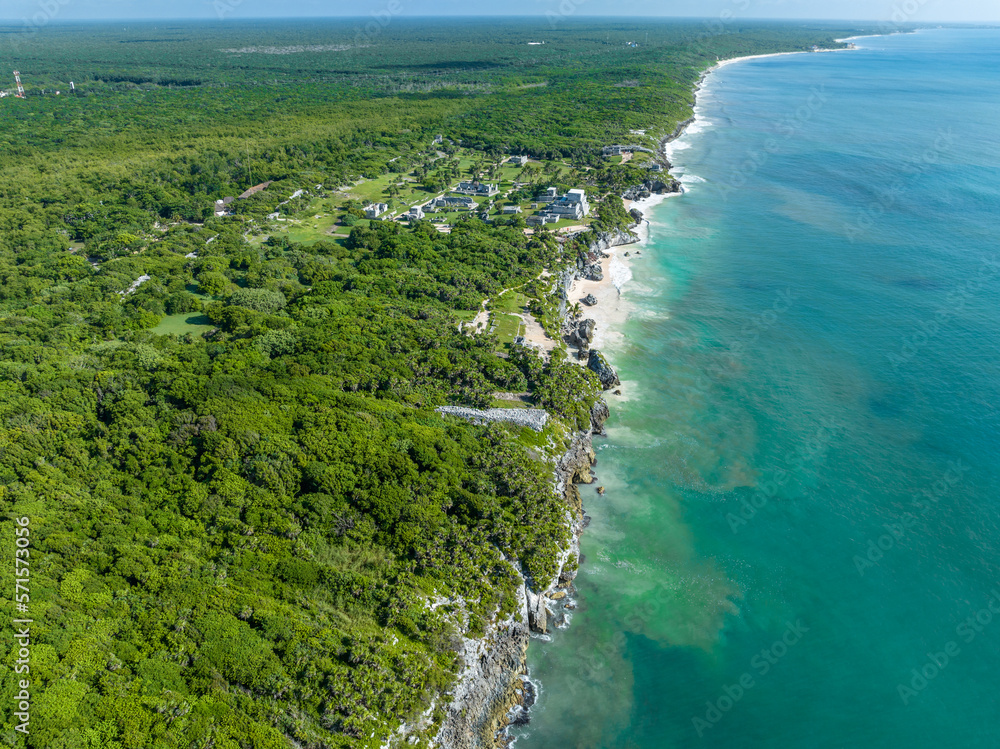 Aerial view of Mayan ruins and Tulum coast in Mexico. Panorama.