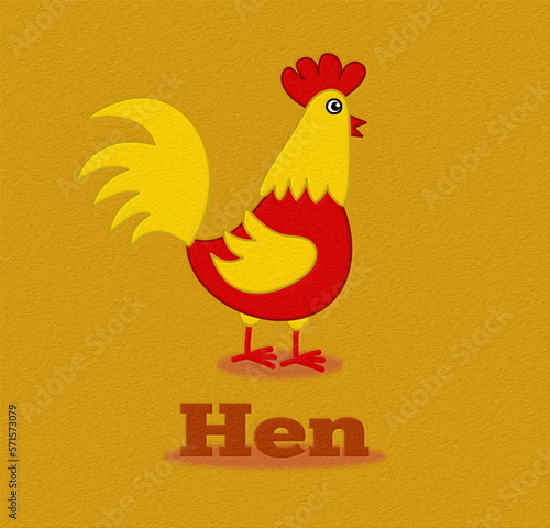 Cute red and yellow hen with text on colored background - illustration