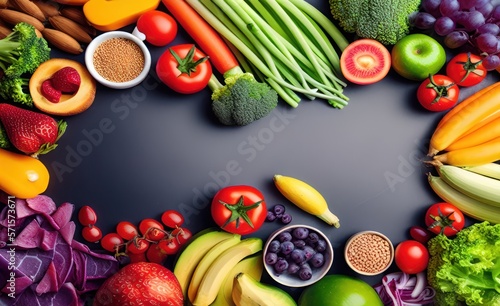 Healthy Food Selection with rich fiber sources vegan food for cooking like vegetables, fruits, seeds, super foods, etc. Top view copy space. Generative AI